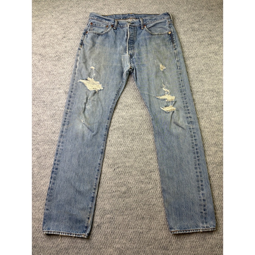 Levis 501 Mens Jeans 33x32 Light Wash Distressed Ripped Button Fly 00501-0193